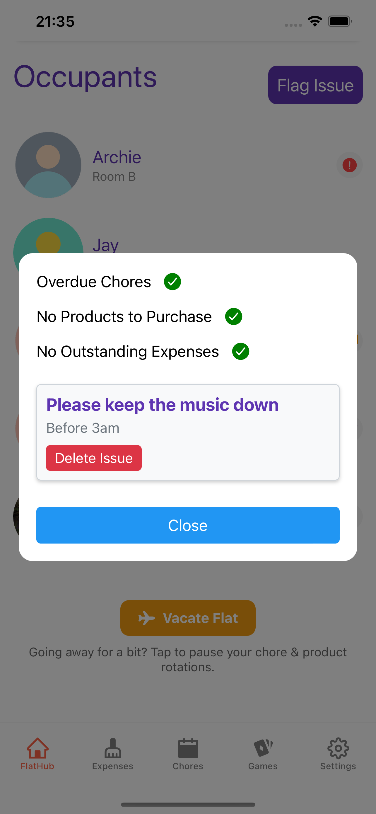 Resident status showing a flagged noise issue and accountability checks