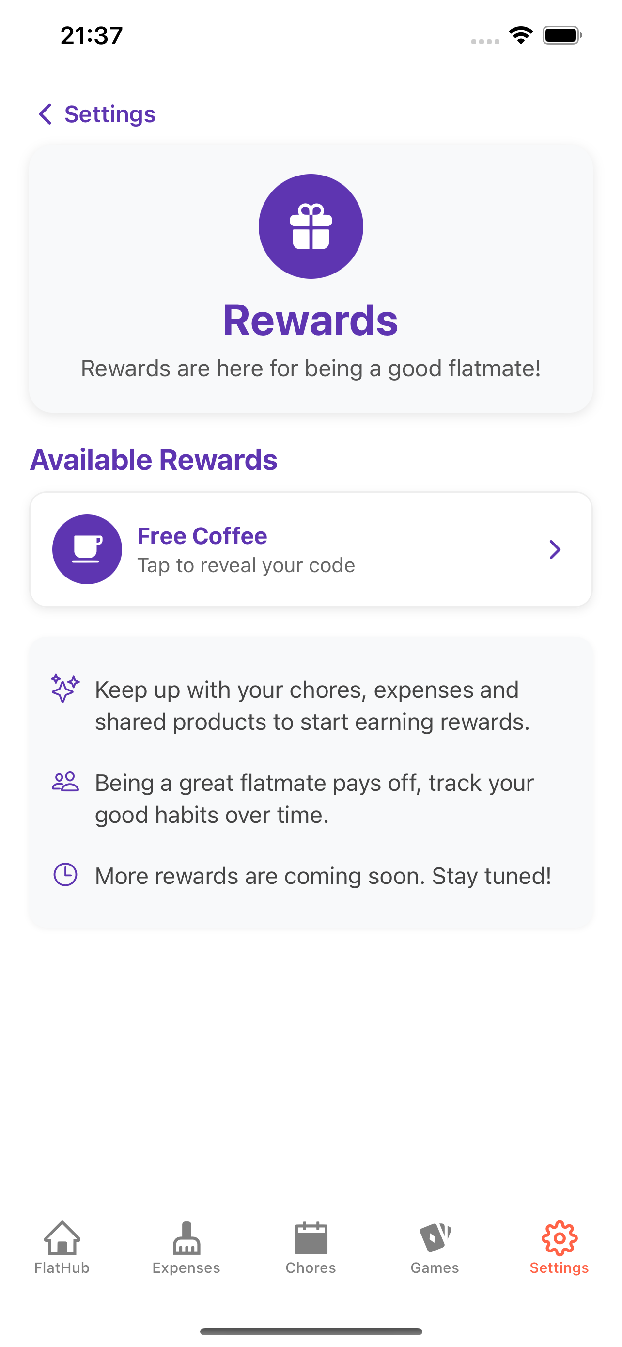 Rewards screen offering perks for being a good flatmate